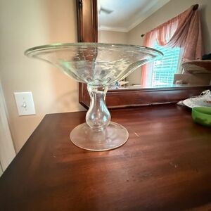 Elegant Clear Handblown Glass Pedestal Bowl or Cake Plate